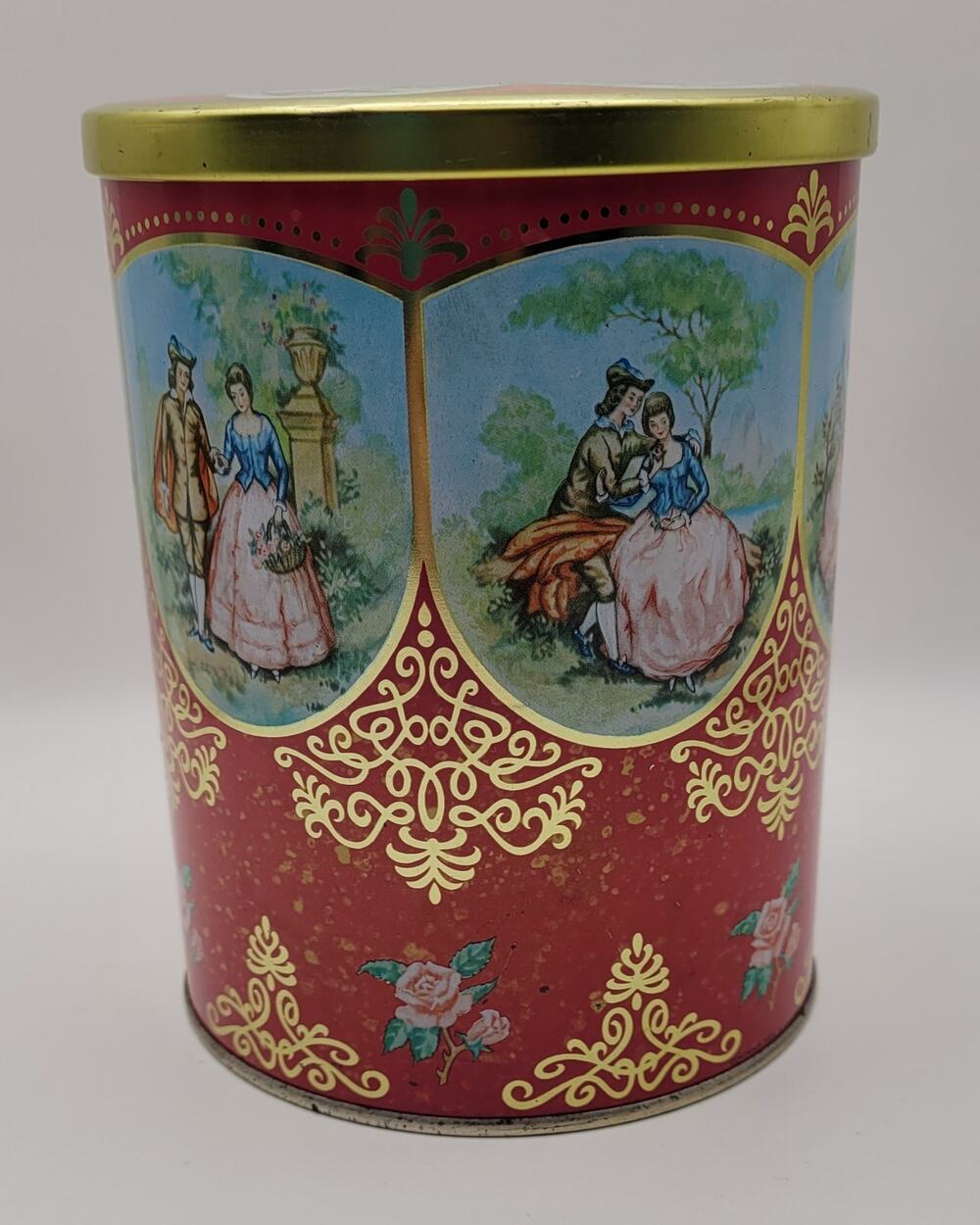 Mid Century Vintage Container / Red Gold Decorative Candy Tin / Made In England